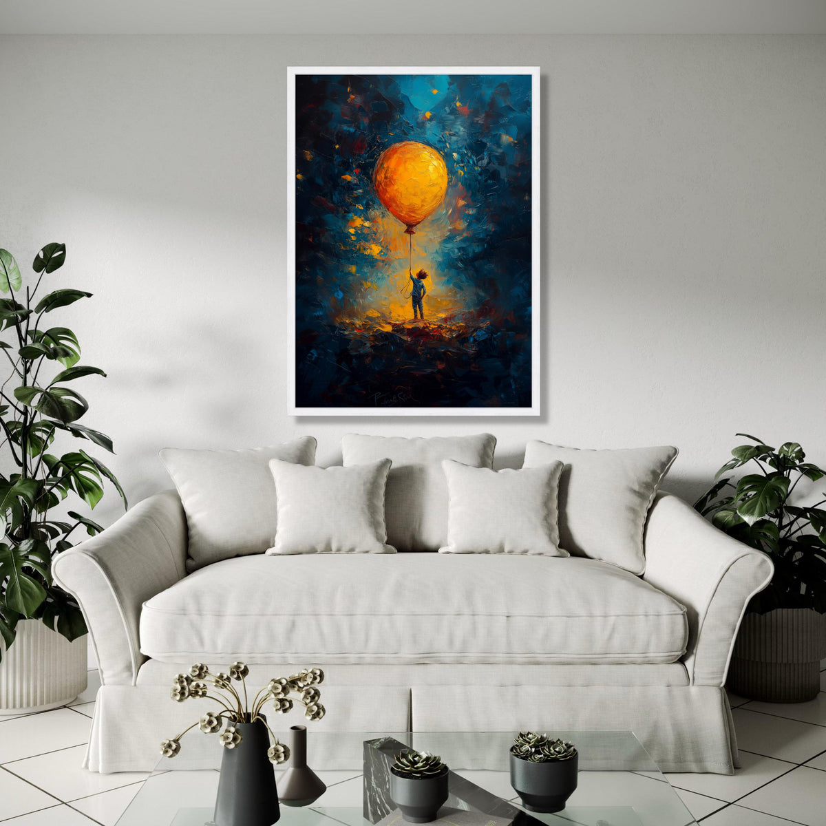 Child Holding Large Orange Balloon Canvas, Imaginative Glow Abstract Wall Art, Kids Room Decoration, Vibrant Gift Art, Home Decor, Print