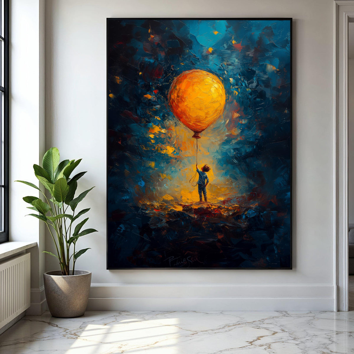 Child Holding Large Orange Balloon Canvas, Imaginative Glow Abstract Wall Art, Kids Room Decoration, Vibrant Gift Art, Home Decor, Print
