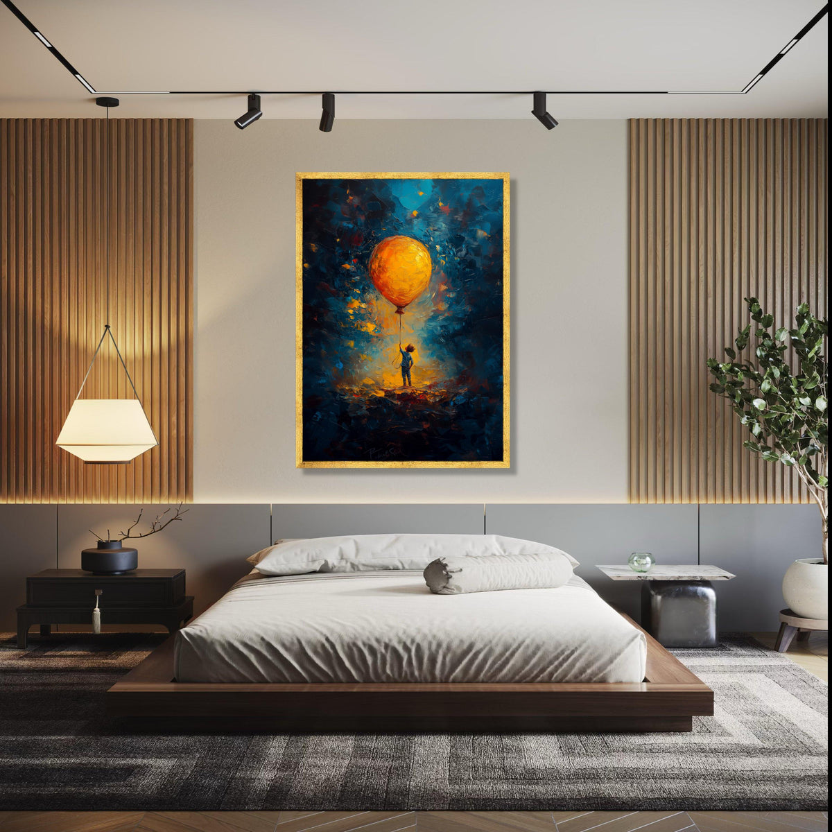 Child Holding Large Orange Balloon Canvas, Imaginative Glow Abstract Wall Art, Kids Room Decoration, Vibrant Gift Art, Home Decor, Print