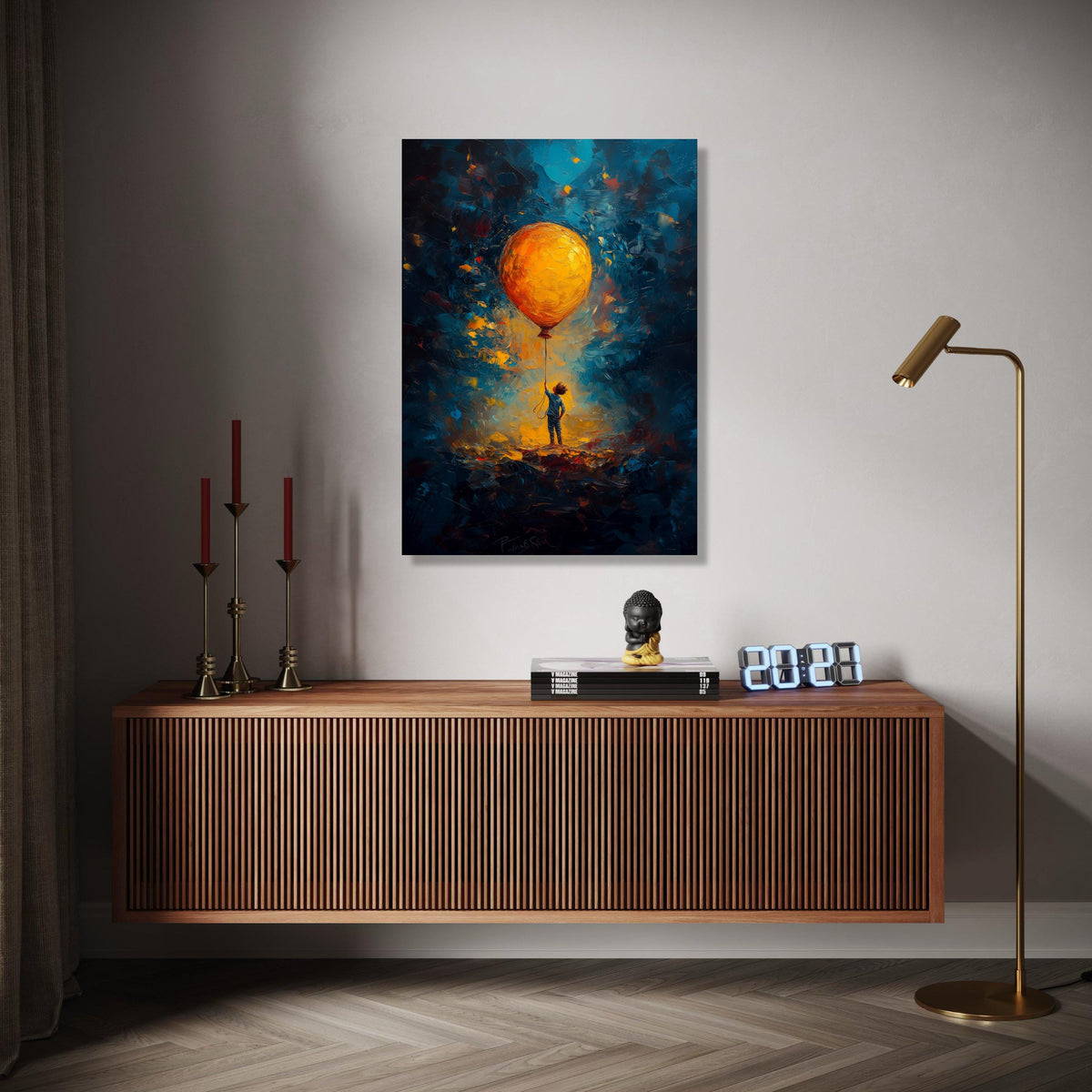 Child Holding Large Orange Balloon Canvas, Imaginative Glow Abstract Wall Art, Kids Room Decoration, Vibrant Gift Art, Home Decor, Print