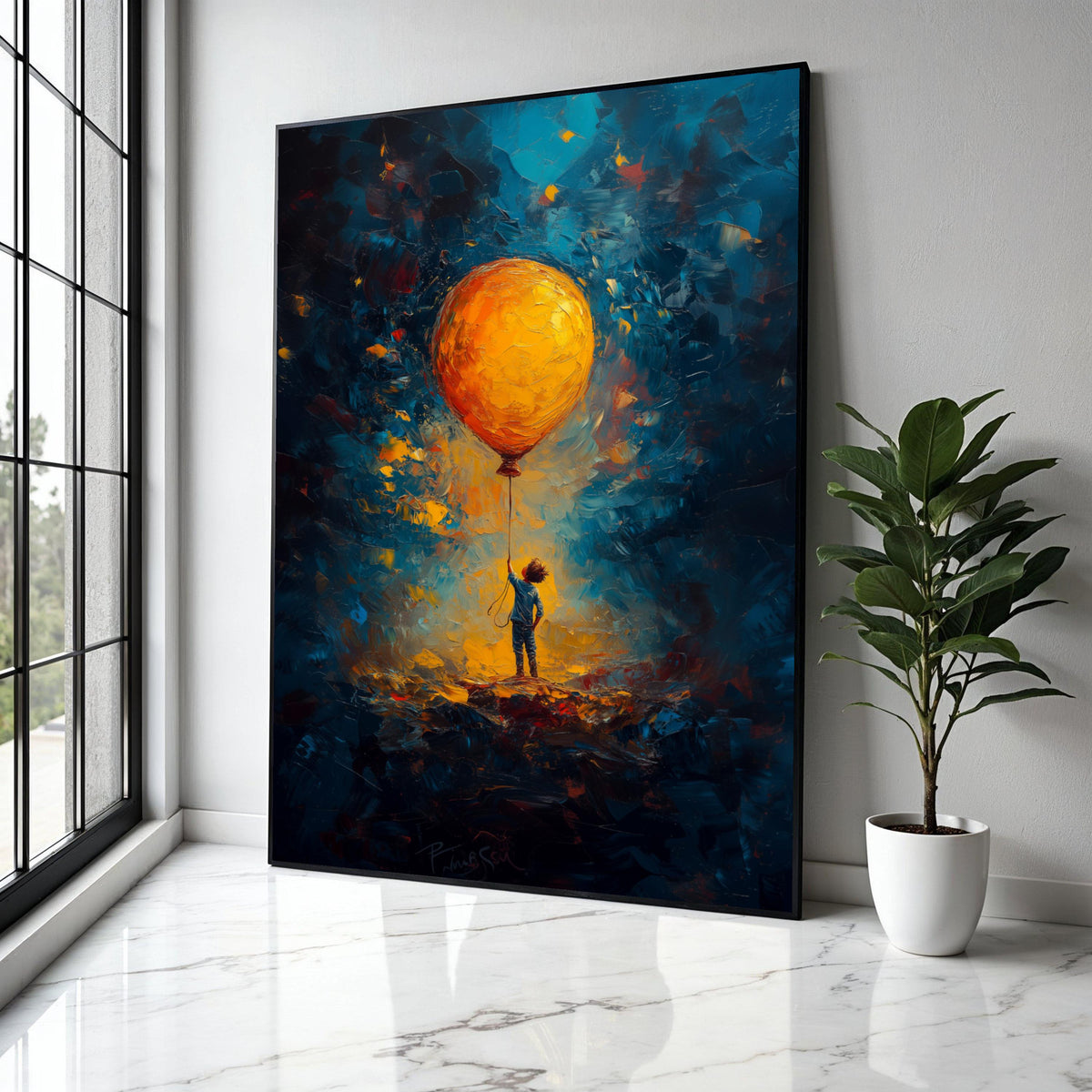 Child Holding Large Orange Balloon Canvas, Imaginative Glow Abstract Wall Art, Kids Room Decoration, Vibrant Gift Art, Home Decor, Print