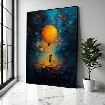 Child Holding Large Orange Balloon Canvas, Imaginative Glow Abstract Wall Art, Kids Room Decoration, Vibrant Gift Art, Home Decor, Print