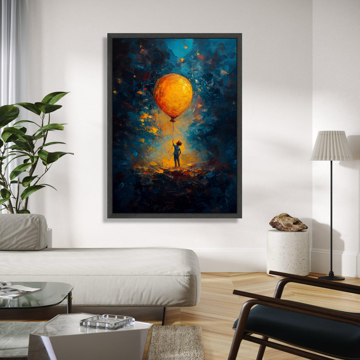 Child Holding Large Orange Balloon Canvas, Imaginative Glow Abstract Wall Art, Kids Room Decoration, Vibrant Gift Art, Home Decor, Print