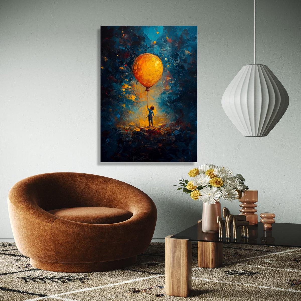 Child Holding Large Orange Balloon Canvas, Imaginative Glow Abstract Wall Art, Kids Room Decoration, Vibrant Gift Art, Home Decor, Print