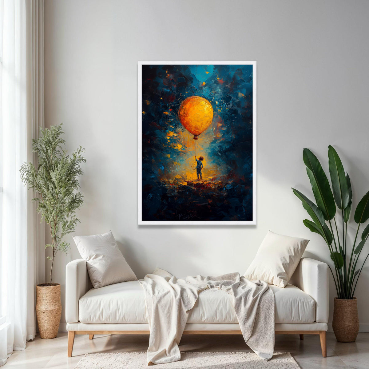 Child Holding Large Orange Balloon Canvas, Imaginative Glow Abstract Wall Art, Kids Room Decoration, Vibrant Gift Art, Home Decor, Print