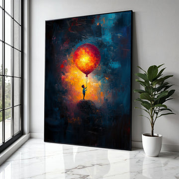 Child Holding Giant Balloon Canvas, Abstract Night Sky Wall Art, Colorful Impressionist Painting, Bright Balloon Gift Art, Home Decor, Print