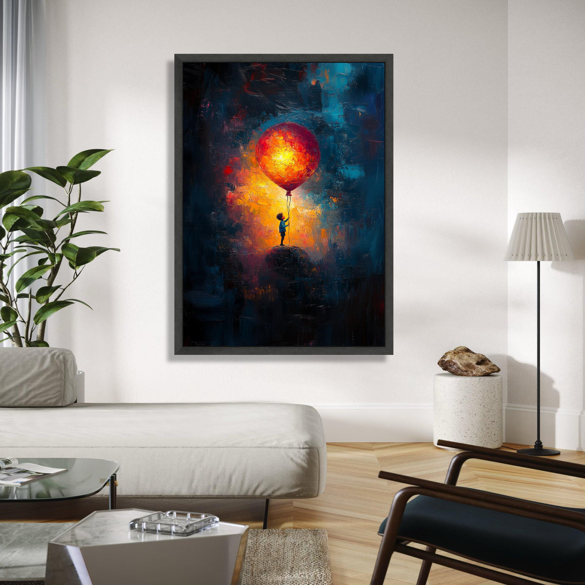 Child Holding Giant Balloon Canvas, Abstract Night Sky Wall Art, Colorful Impressionist Painting, Bright Balloon Gift Art, Home Decor, Print