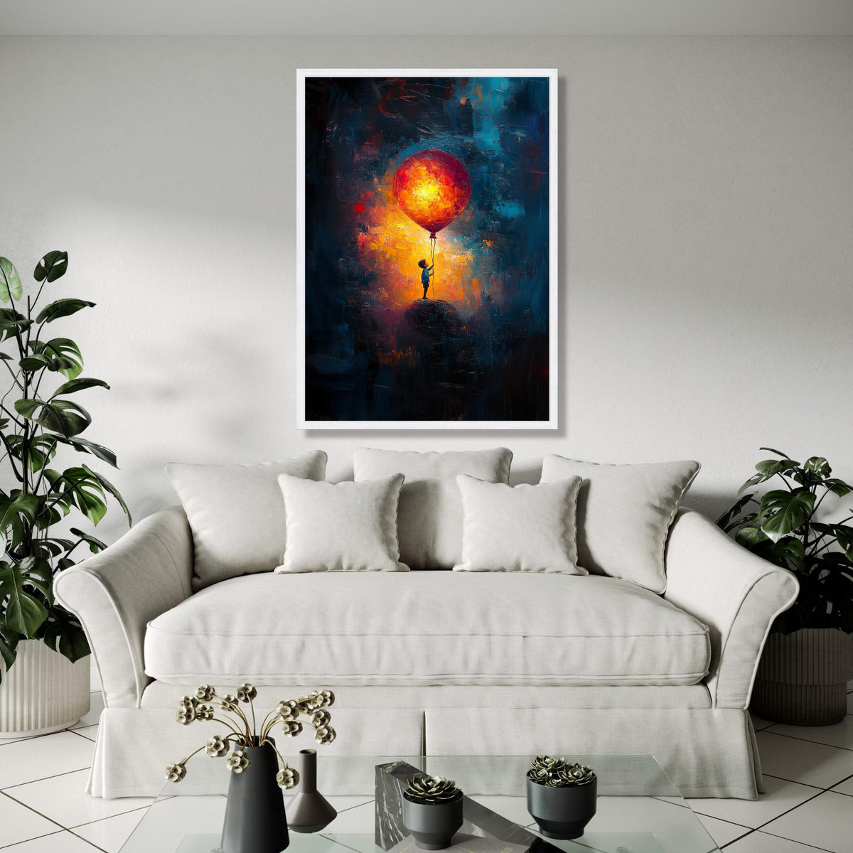 Child Holding Giant Balloon Canvas, Abstract Night Sky Wall Art, Colorful Impressionist Painting, Bright Balloon Gift Art, Home Decor, Print