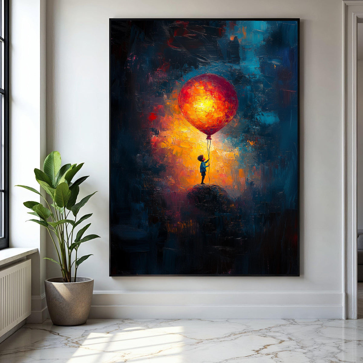 Child Holding Giant Balloon Canvas, Abstract Night Sky Wall Art, Colorful Impressionist Painting, Bright Balloon Gift Art, Home Decor, Print