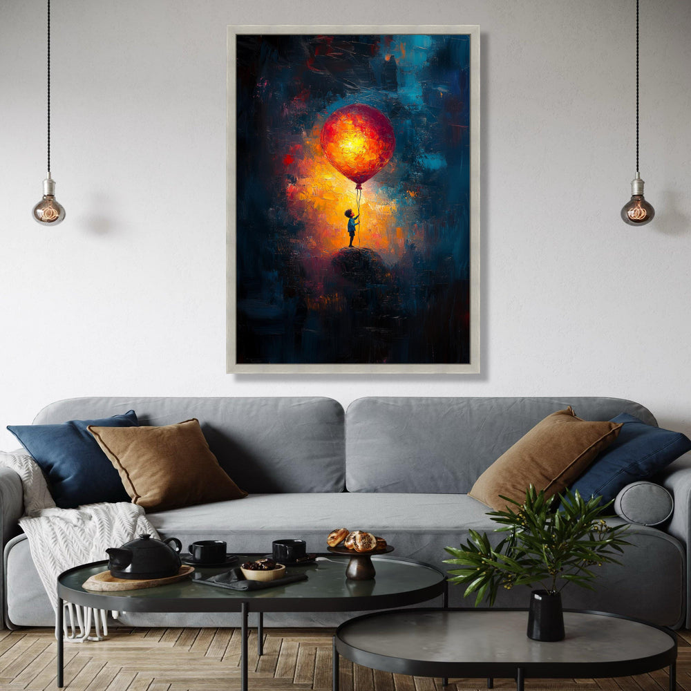 Child Holding Giant Balloon Canvas, Abstract Night Sky Wall Art, Colorful Impressionist Painting, Bright Balloon Gift Art, Home Decor, Print