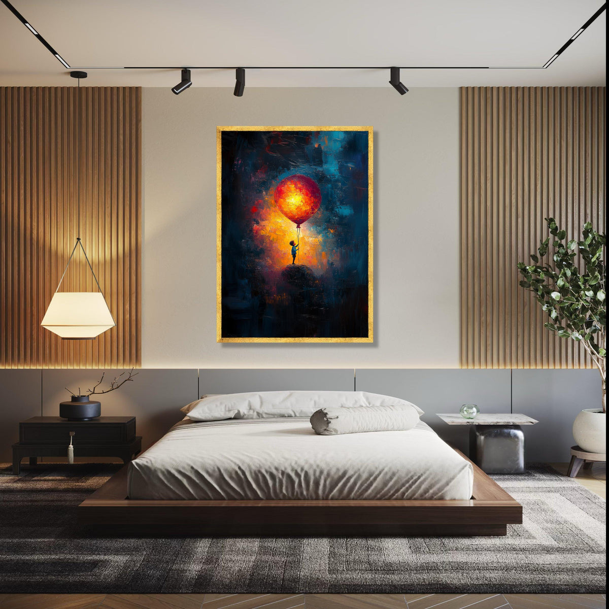 Child Holding Giant Balloon Canvas, Abstract Night Sky Wall Art, Colorful Impressionist Painting, Bright Balloon Gift Art, Home Decor, Print