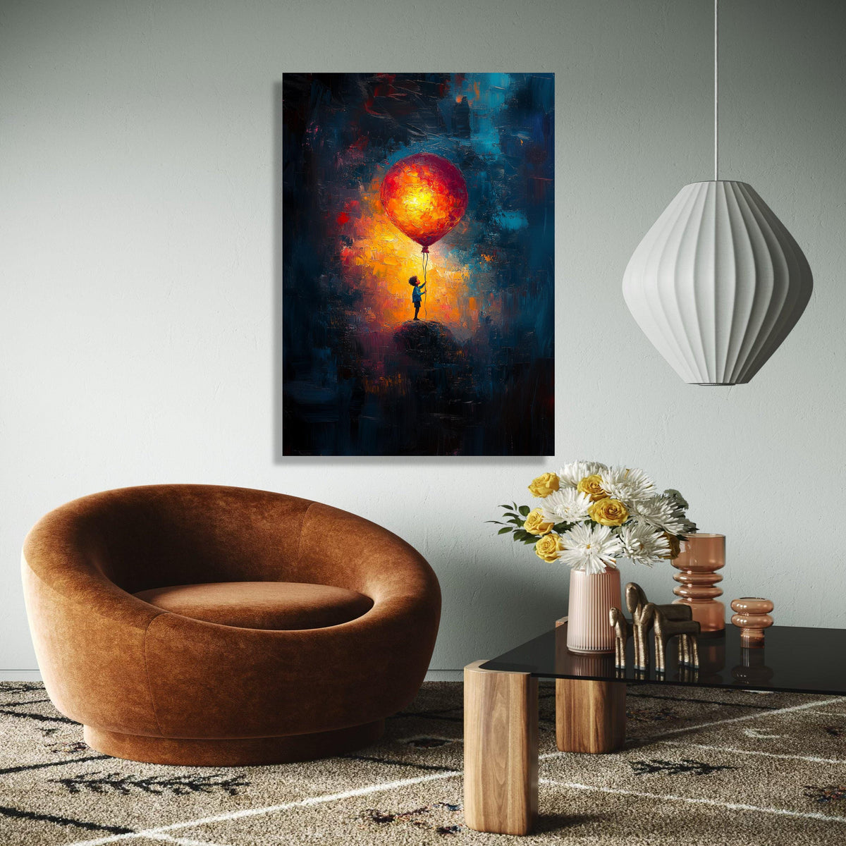 Child Holding Giant Balloon Canvas, Abstract Night Sky Wall Art, Colorful Impressionist Painting, Bright Balloon Gift Art, Home Decor, Print