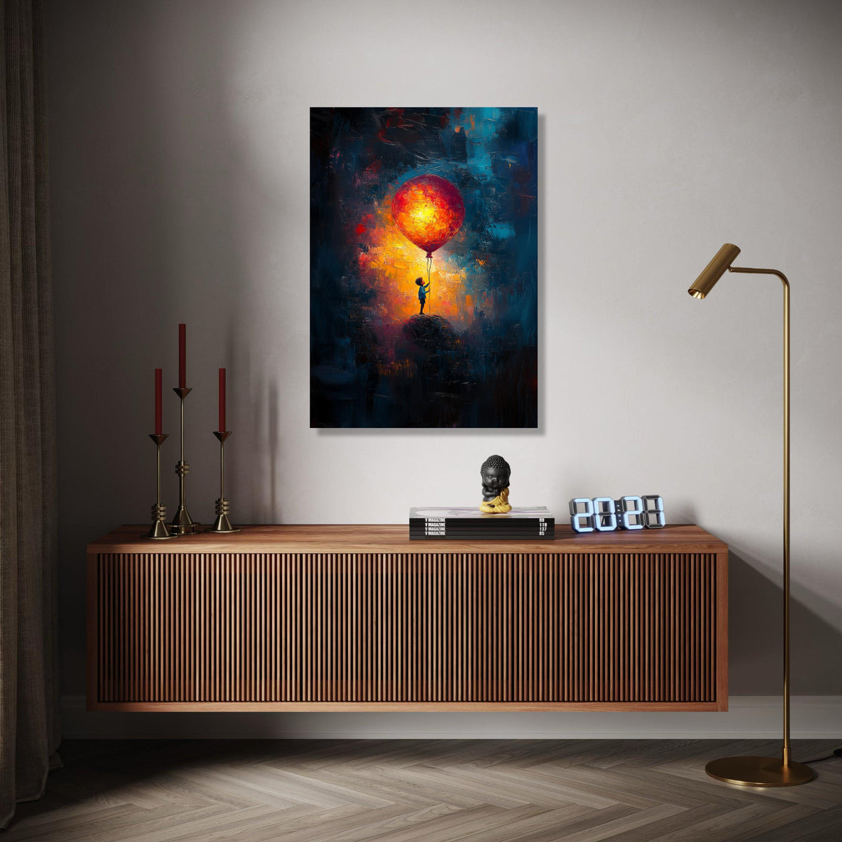 Child Holding Giant Balloon Canvas, Abstract Night Sky Wall Art, Colorful Impressionist Painting, Bright Balloon Gift Art, Home Decor, Print