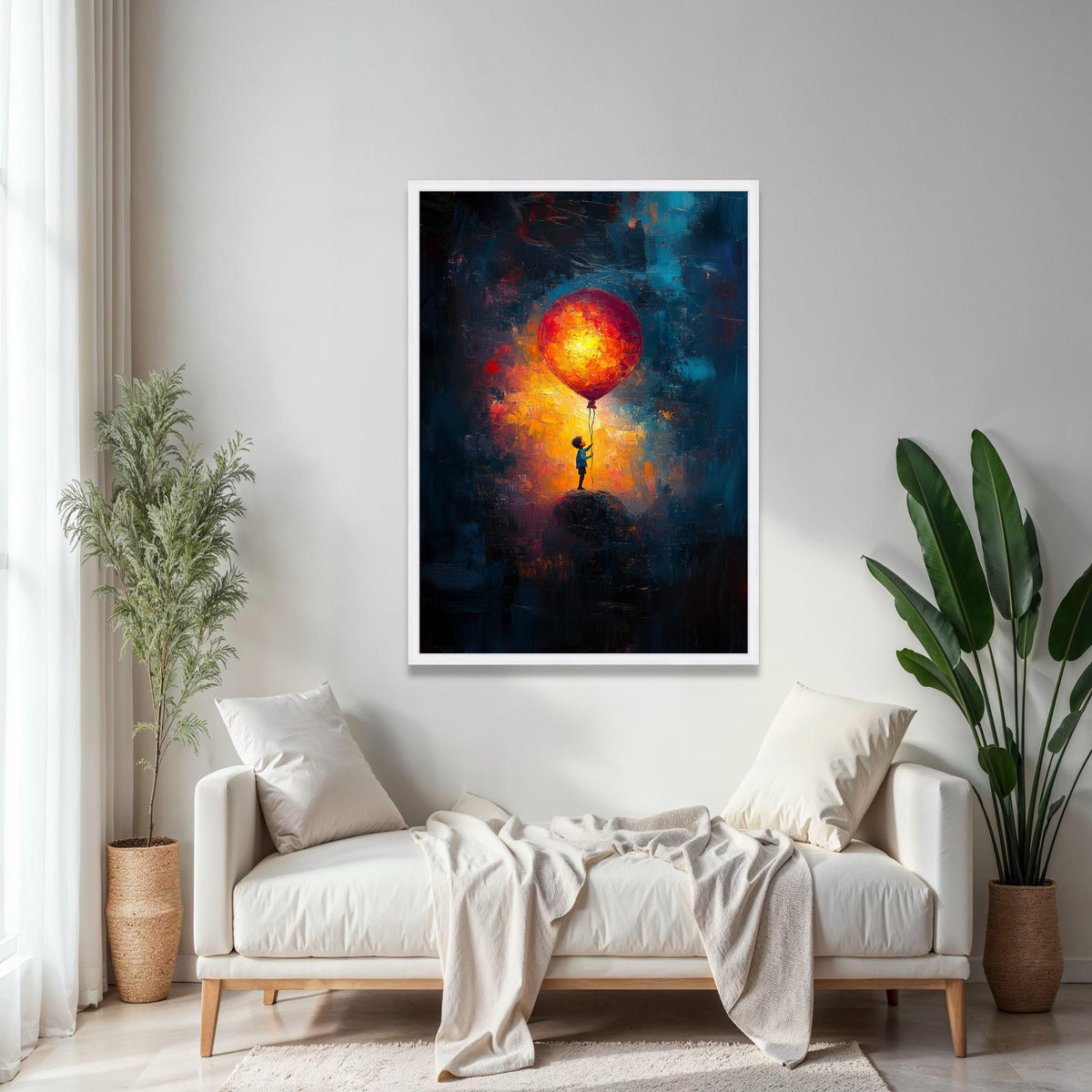 Child Holding Giant Balloon Canvas, Abstract Night Sky Wall Art, Colorful Impressionist Painting, Bright Balloon Gift Art, Home Decor, Print