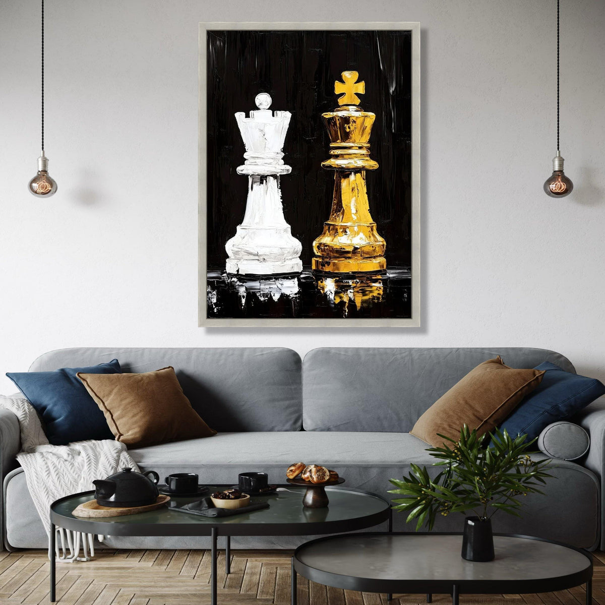 Modern Chess Kings Canvas Wall Art, White and Gold Chess Pieces Painting, Game Strategy Decor, Contemporary Gift Art, Home Decor, Print