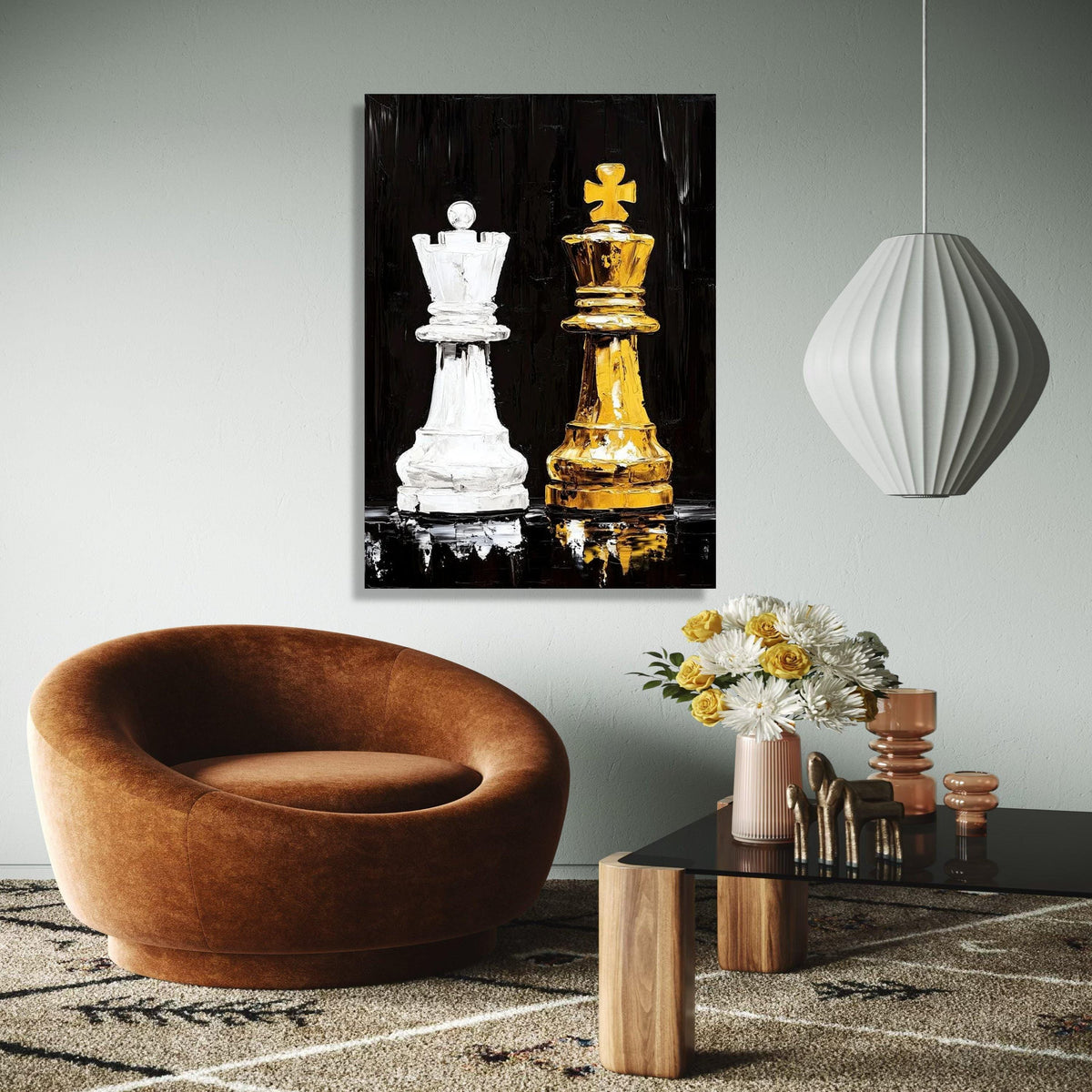 Modern Chess Kings Canvas Wall Art, White and Gold Chess Pieces Painting, Game Strategy Decor, Contemporary Gift Art, Home Decor, Print