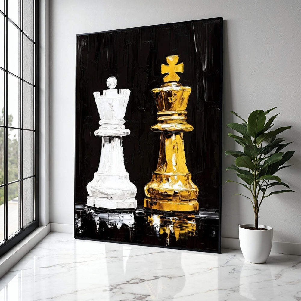 Modern Chess Kings Canvas Wall Art, White and Gold Chess Pieces Painting, Game Strategy Decor, Contemporary Gift Art, Home Decor, Print