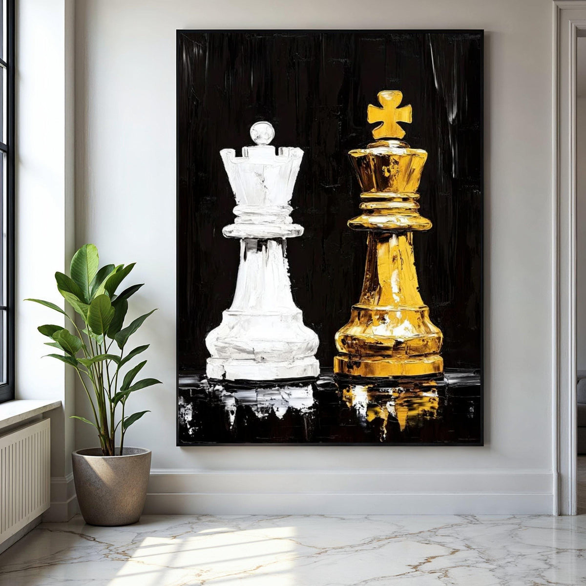 Modern Chess Kings Canvas Wall Art, White and Gold Chess Pieces Painting, Game Strategy Decor, Contemporary Gift Art, Home Decor, Print