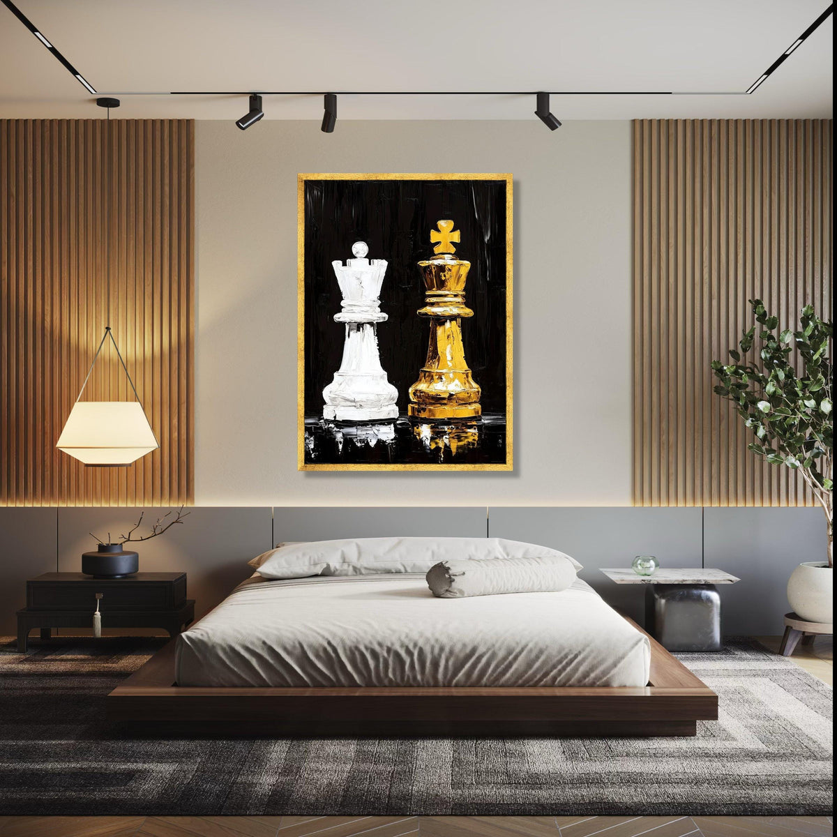 Modern Chess Kings Canvas Wall Art, White and Gold Chess Pieces Painting, Game Strategy Decor, Contemporary Gift Art, Home Decor, Print