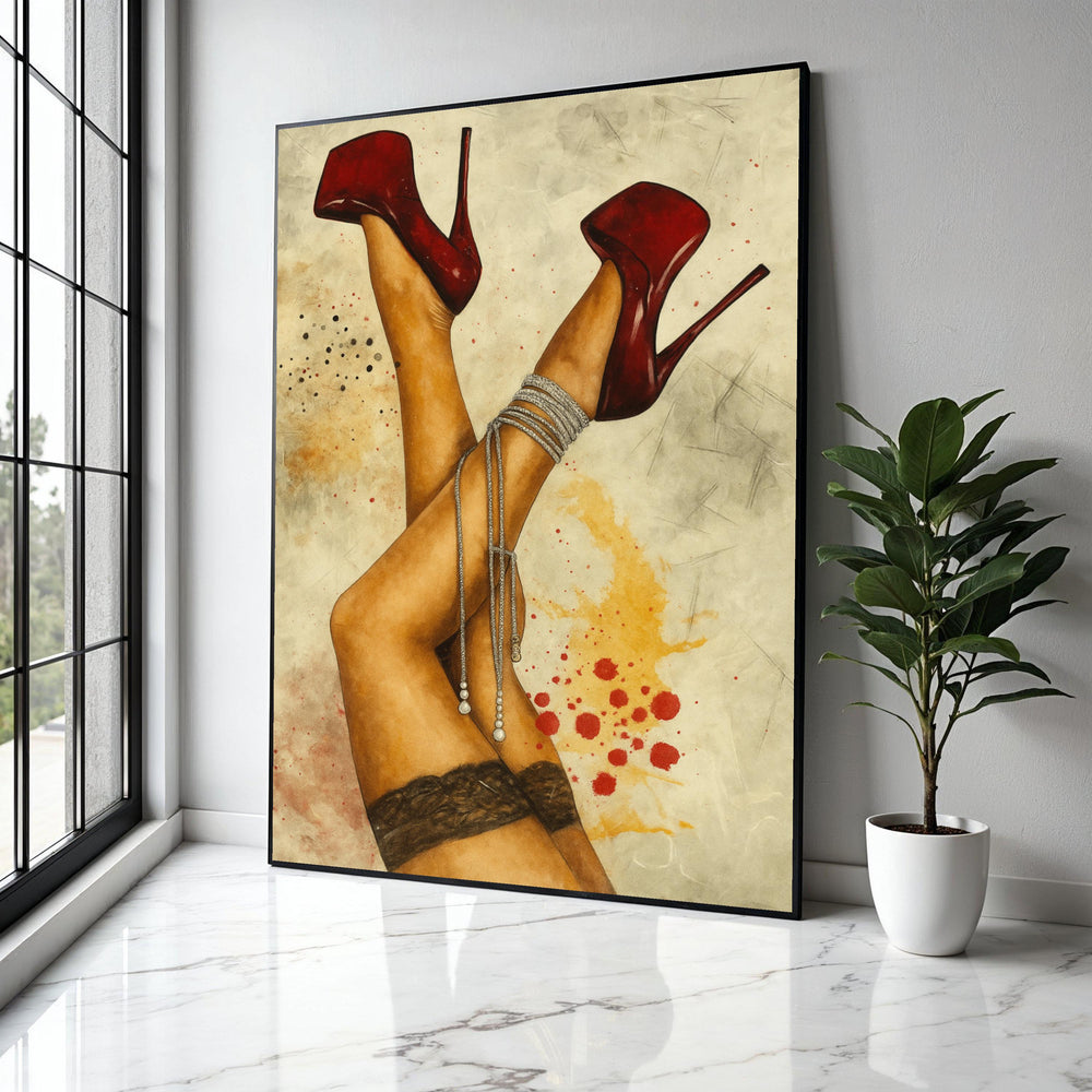 Sensual Red Stiletto Heels Canvas, Sexy Legs Wall Art, Lace Stockings Canvas Decor, Fashion Illustration Print, Gift Art, Home Decor, Print