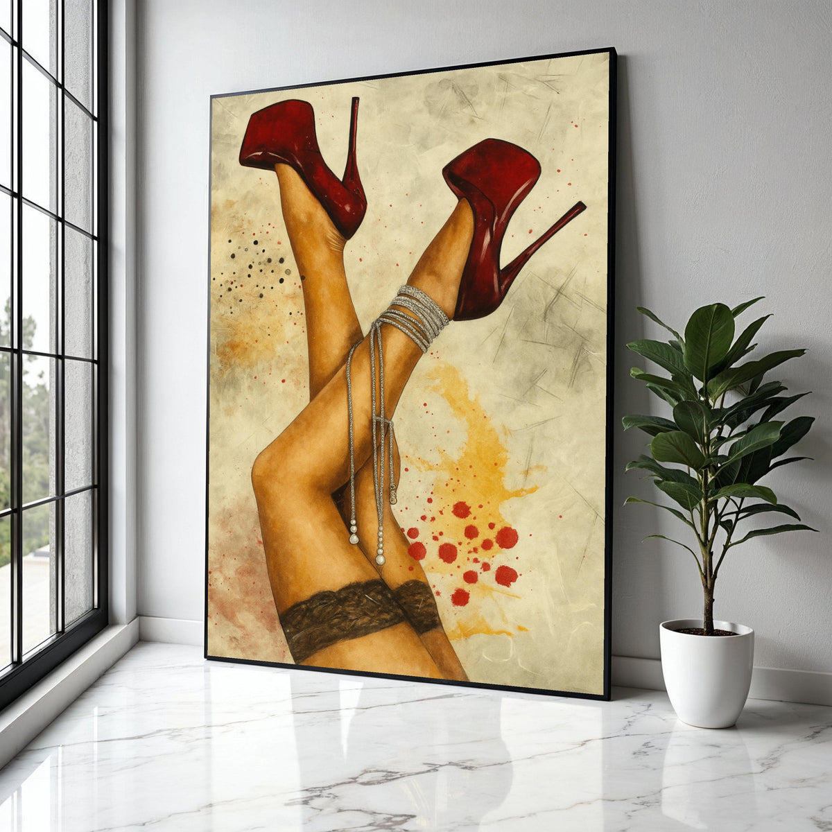 Sensual Red Stiletto Heels Canvas, Sexy Legs Wall Art, Lace Stockings Canvas Decor, Fashion Illustration Print, Gift Art, Home Decor, Print