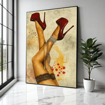 Sensual Red Stiletto Heels Canvas, Sexy Legs Wall Art, Lace Stockings Canvas Decor, Fashion Illustration Print, Gift Art, Home Decor, Print
