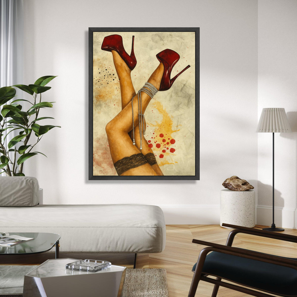 Sensual Red Stiletto Heels Canvas, Sexy Legs Wall Art, Lace Stockings Canvas Decor, Fashion Illustration Print, Gift Art, Home Decor, Print
