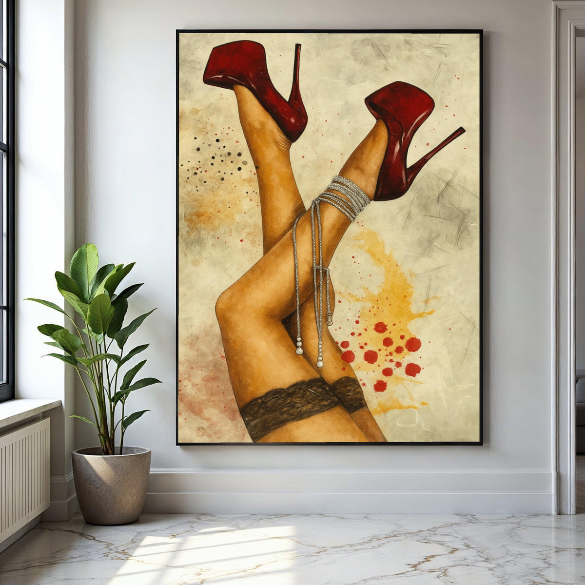 Sensual Red Stiletto Heels Canvas, Sexy Legs Wall Art, Lace Stockings Canvas Decor, Fashion Illustration Print, Gift Art, Home Decor, Print