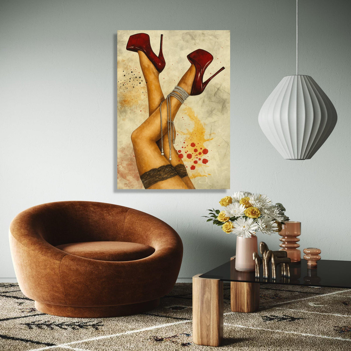 Sensual Red Stiletto Heels Canvas, Sexy Legs Wall Art, Lace Stockings Canvas Decor, Fashion Illustration Print, Gift Art, Home Decor, Print
