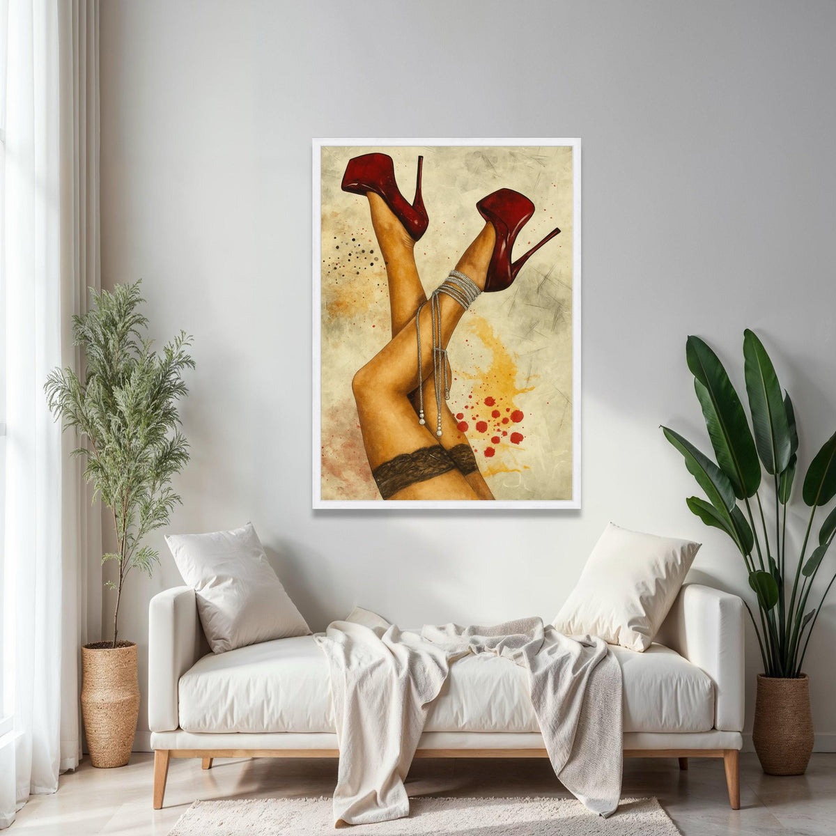Sensual Red Stiletto Heels Canvas, Sexy Legs Wall Art, Lace Stockings Canvas Decor, Fashion Illustration Print, Gift Art, Home Decor, Print