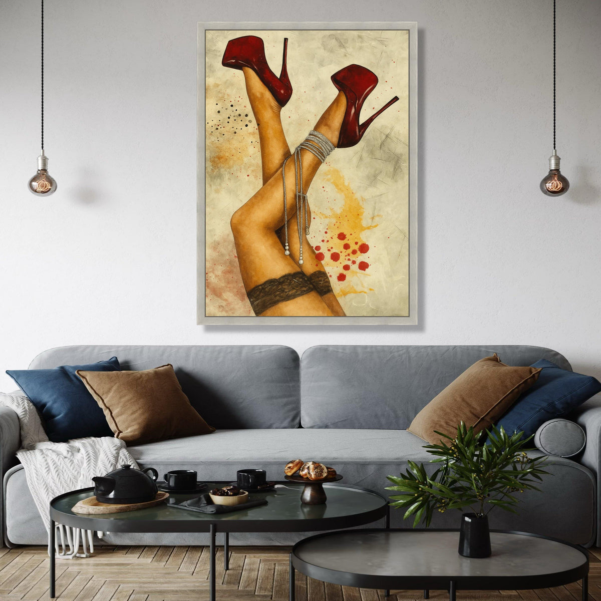 Sensual Red Stiletto Heels Canvas, Sexy Legs Wall Art, Lace Stockings Canvas Decor, Fashion Illustration Print, Gift Art, Home Decor, Print