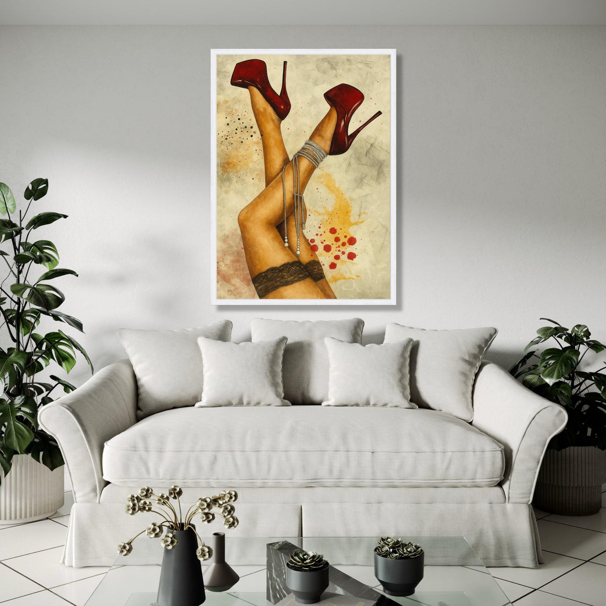 Sensual Red Stiletto Heels Canvas, Sexy Legs Wall Art, Lace Stockings Canvas Decor, Fashion Illustration Print, Gift Art, Home Decor, Print