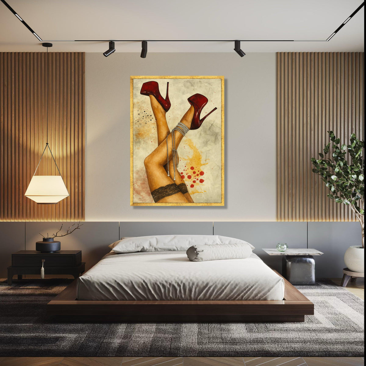 Sensual Red Stiletto Heels Canvas, Sexy Legs Wall Art, Lace Stockings Canvas Decor, Fashion Illustration Print, Gift Art, Home Decor, Print