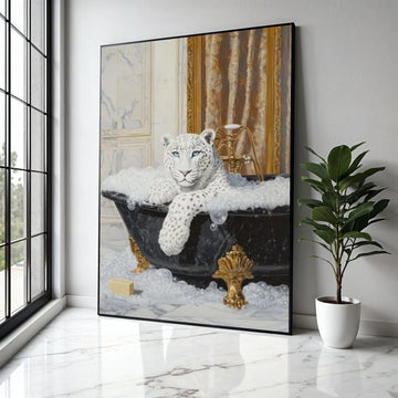 Elegant Snow Leopard Relaxing in Bathtub Canvas, Luxury Animal Wall Art, Modern Wildlife Bathroom Decor, Unique Gift Art, Home Decor, Print