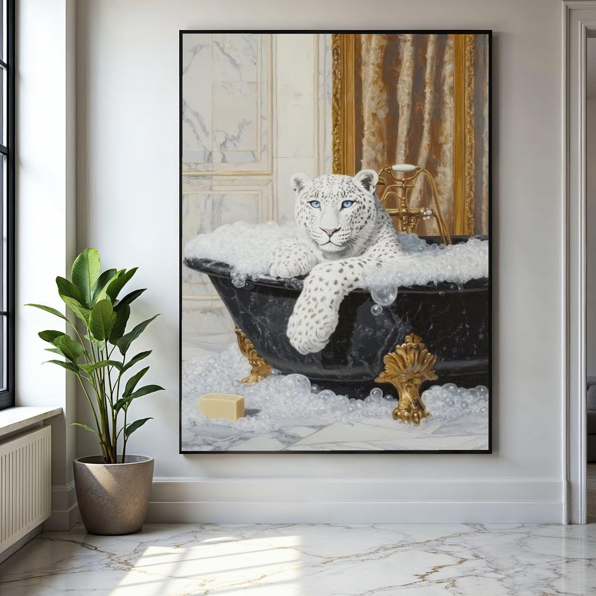 Elegant Snow Leopard Relaxing in Bathtub Canvas, Luxury Animal Wall Art, Modern Wildlife Bathroom Decor, Unique Gift Art, Home Decor, Print