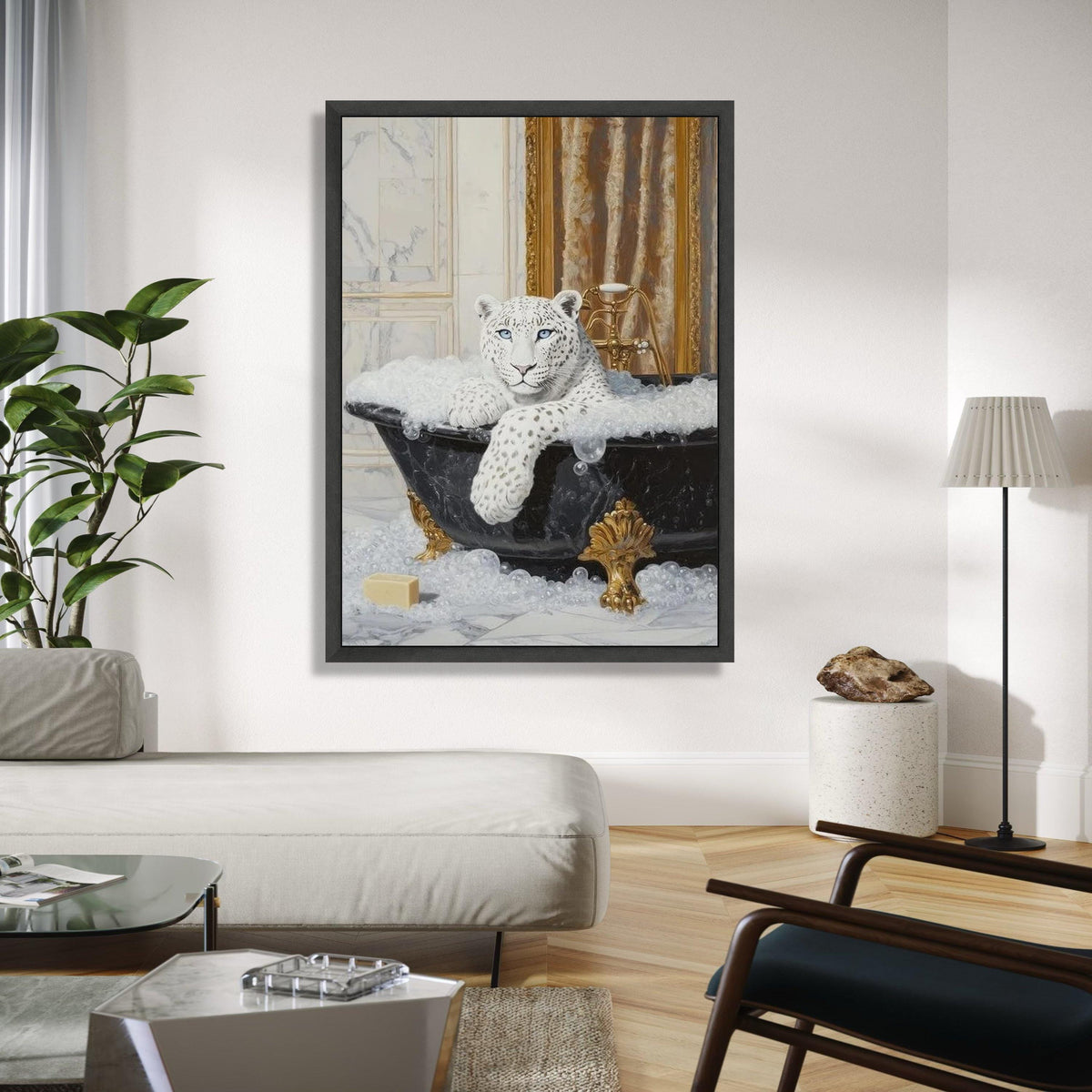 Elegant Snow Leopard Relaxing in Bathtub Canvas, Luxury Animal Wall Art, Modern Wildlife Bathroom Decor, Unique Gift Art, Home Decor, Print