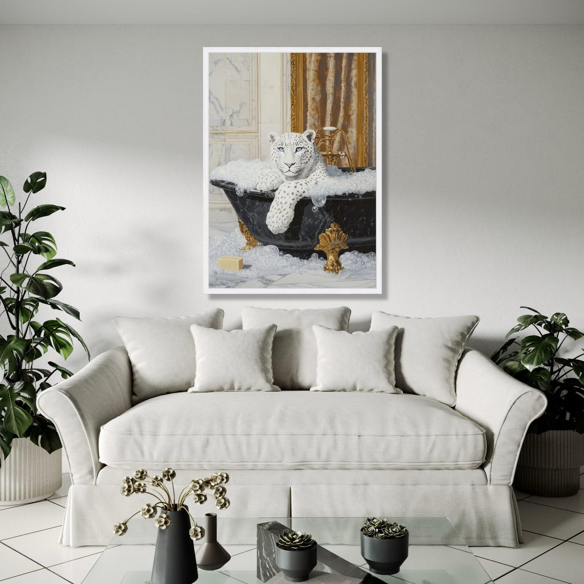Elegant Snow Leopard Relaxing in Bathtub Canvas, Luxury Animal Wall Art, Modern Wildlife Bathroom Decor, Unique Gift Art, Home Decor, Print