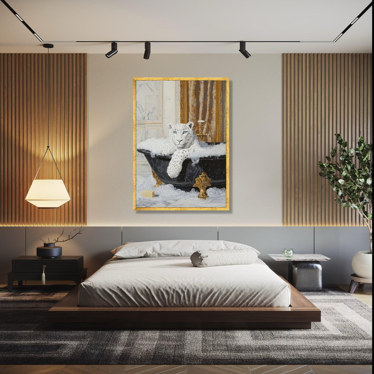 Elegant Snow Leopard Relaxing in Bathtub Canvas, Luxury Animal Wall Art, Modern Wildlife Bathroom Decor, Unique Gift Art, Home Decor, Print