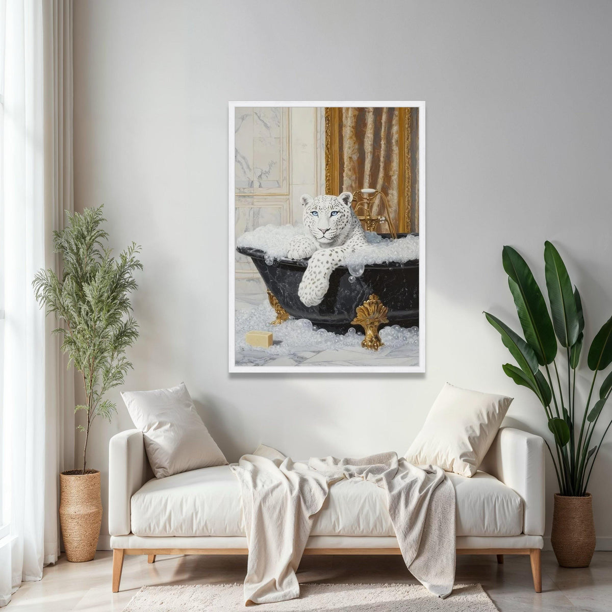 Elegant Snow Leopard Relaxing in Bathtub Canvas, Luxury Animal Wall Art, Modern Wildlife Bathroom Decor, Unique Gift Art, Home Decor, Print