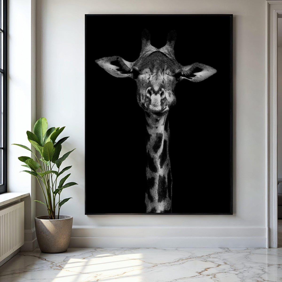 Black and White Giraffe Portrait Canvas, Wildlife Animal Wall Art, Modern Safari Decor, Minimalist Nature Gift Art, Home Decor, Print
