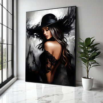 Elegant Woman in Black Hat Canvas, Glamour Portrait Wall Art, Stylish Female Figure, Fashion Home Decor, Modern Gift Art, Home Decor, Print
