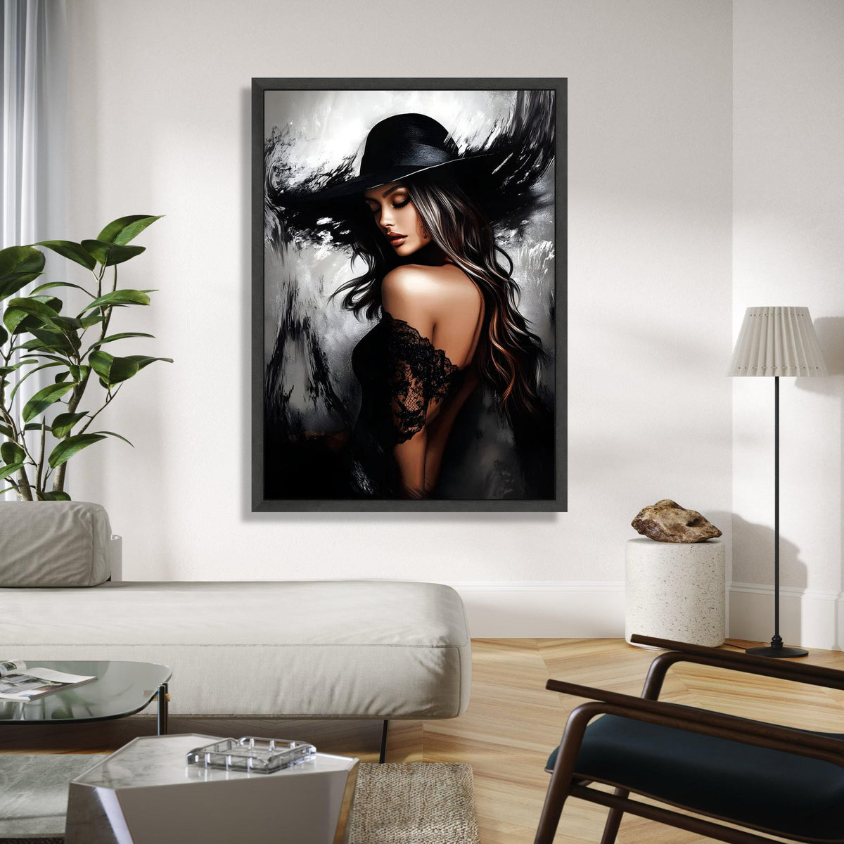Elegant Woman in Black Hat Canvas, Glamour Portrait Wall Art, Stylish Female Figure, Fashion Home Decor, Modern Gift Art, Home Decor, Print
