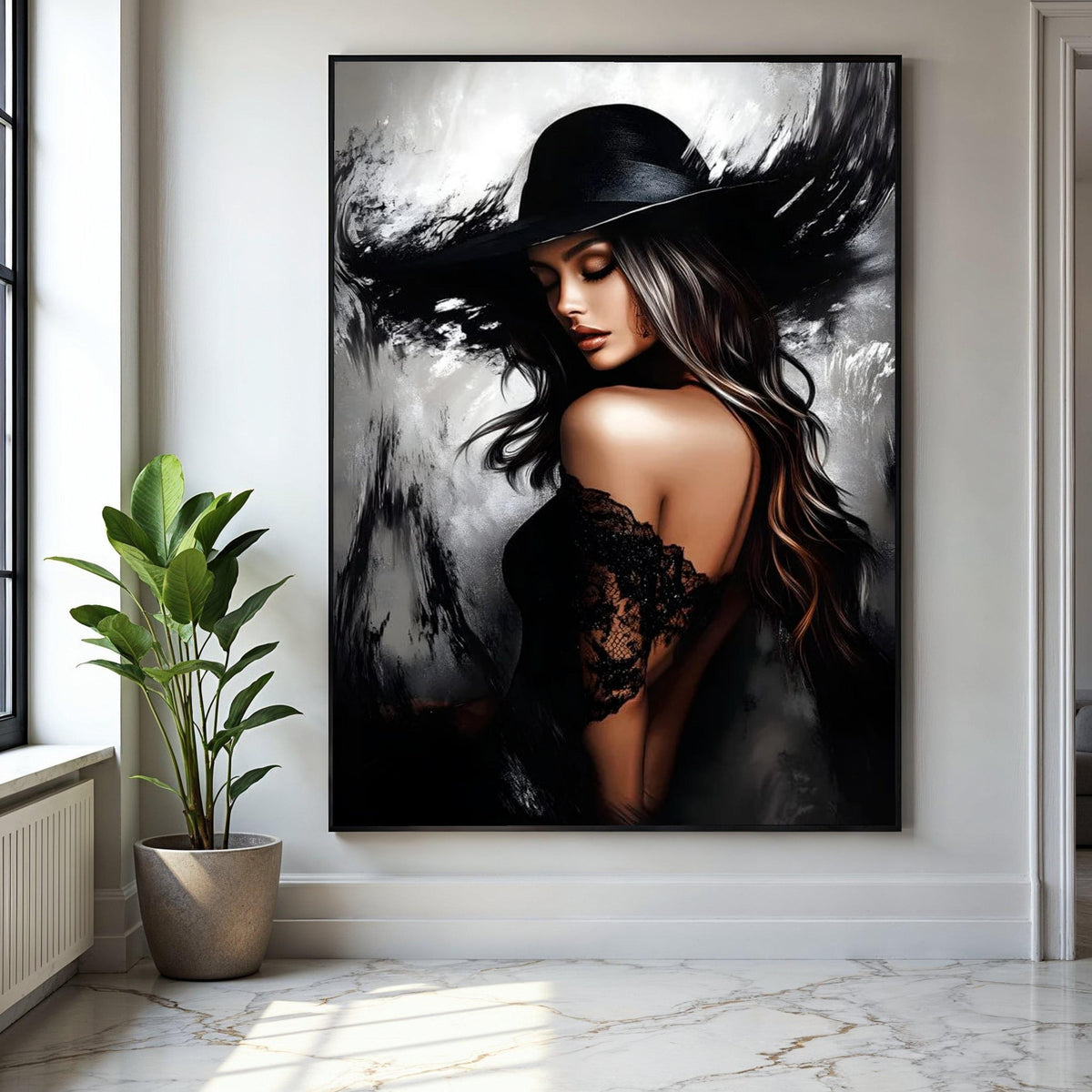 Elegant Woman in Black Hat Canvas, Glamour Portrait Wall Art, Stylish Female Figure, Fashion Home Decor, Modern Gift Art, Home Decor, Print