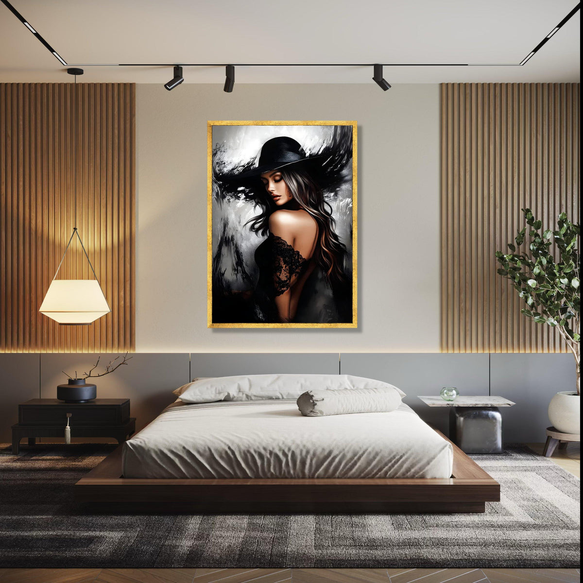 Elegant Woman in Black Hat Canvas, Glamour Portrait Wall Art, Stylish Female Figure, Fashion Home Decor, Modern Gift Art, Home Decor, Print