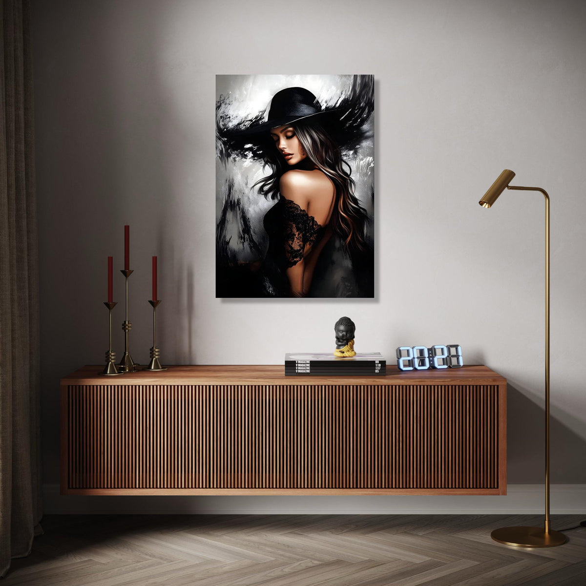 Elegant Woman in Black Hat Canvas, Glamour Portrait Wall Art, Stylish Female Figure, Fashion Home Decor, Modern Gift Art, Home Decor, Print