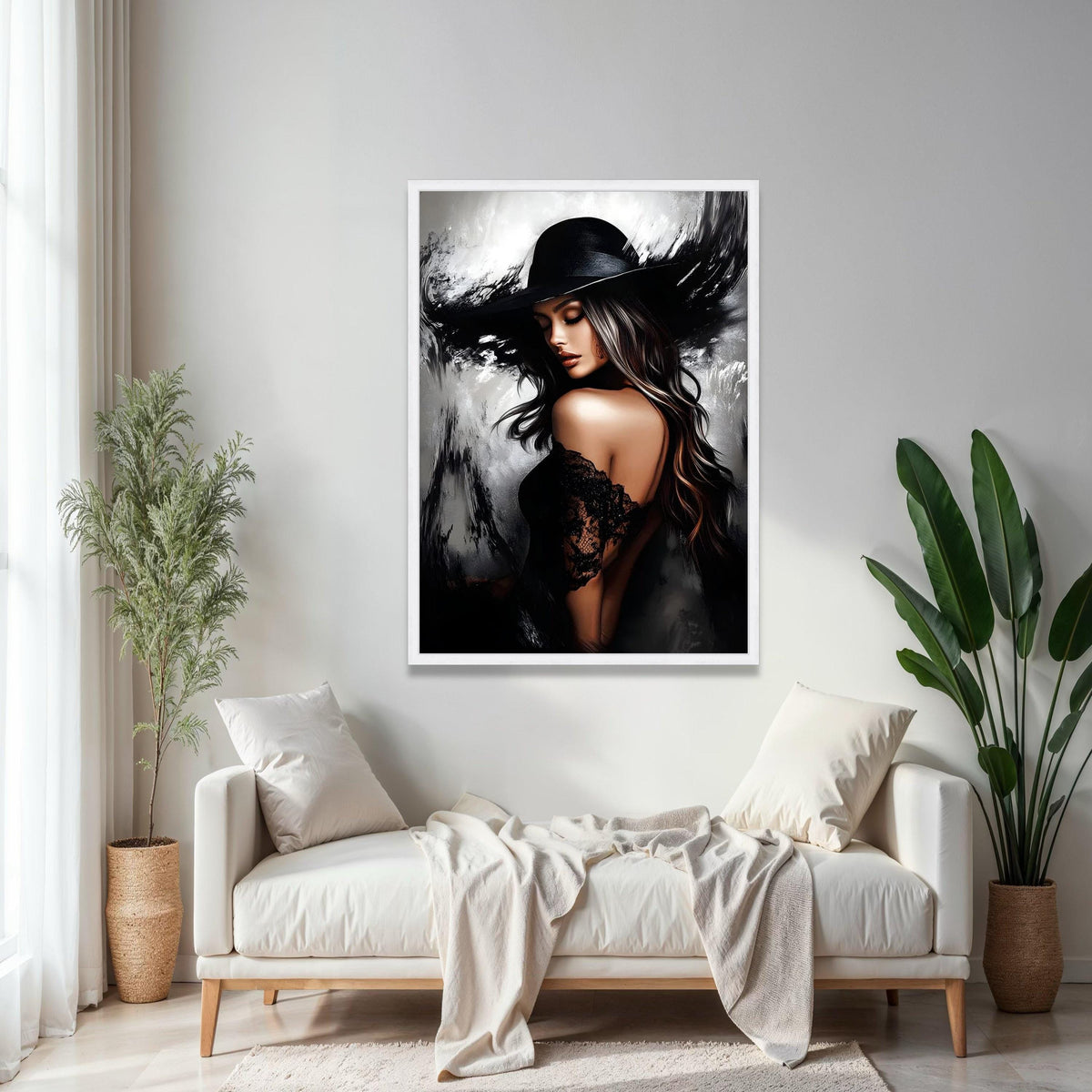 Elegant Woman in Black Hat Canvas, Glamour Portrait Wall Art, Stylish Female Figure, Fashion Home Decor, Modern Gift Art, Home Decor, Print