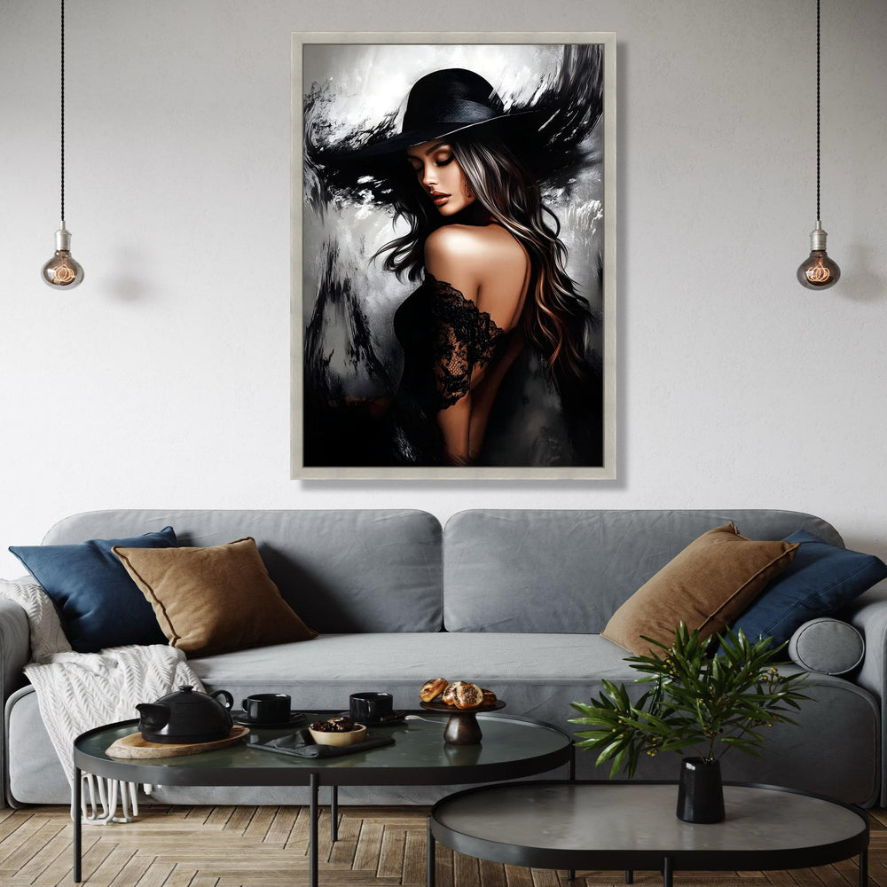 Elegant Woman in Black Hat Canvas, Glamour Portrait Wall Art, Stylish Female Figure, Fashion Home Decor, Modern Gift Art, Home Decor, Print