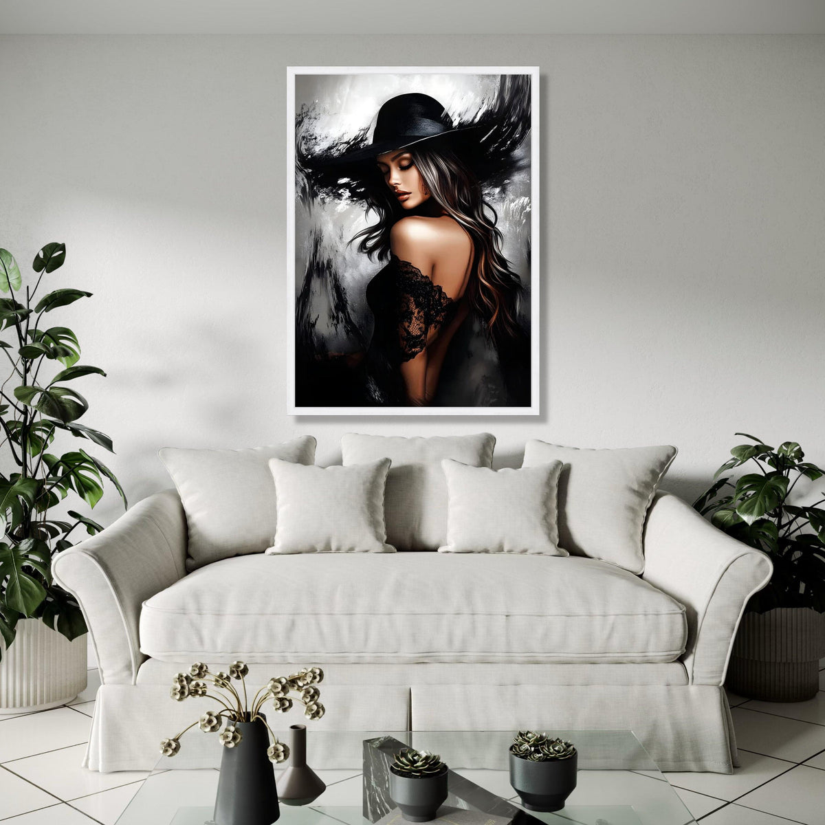 Elegant Woman in Black Hat Canvas, Glamour Portrait Wall Art, Stylish Female Figure, Fashion Home Decor, Modern Gift Art, Home Decor, Print