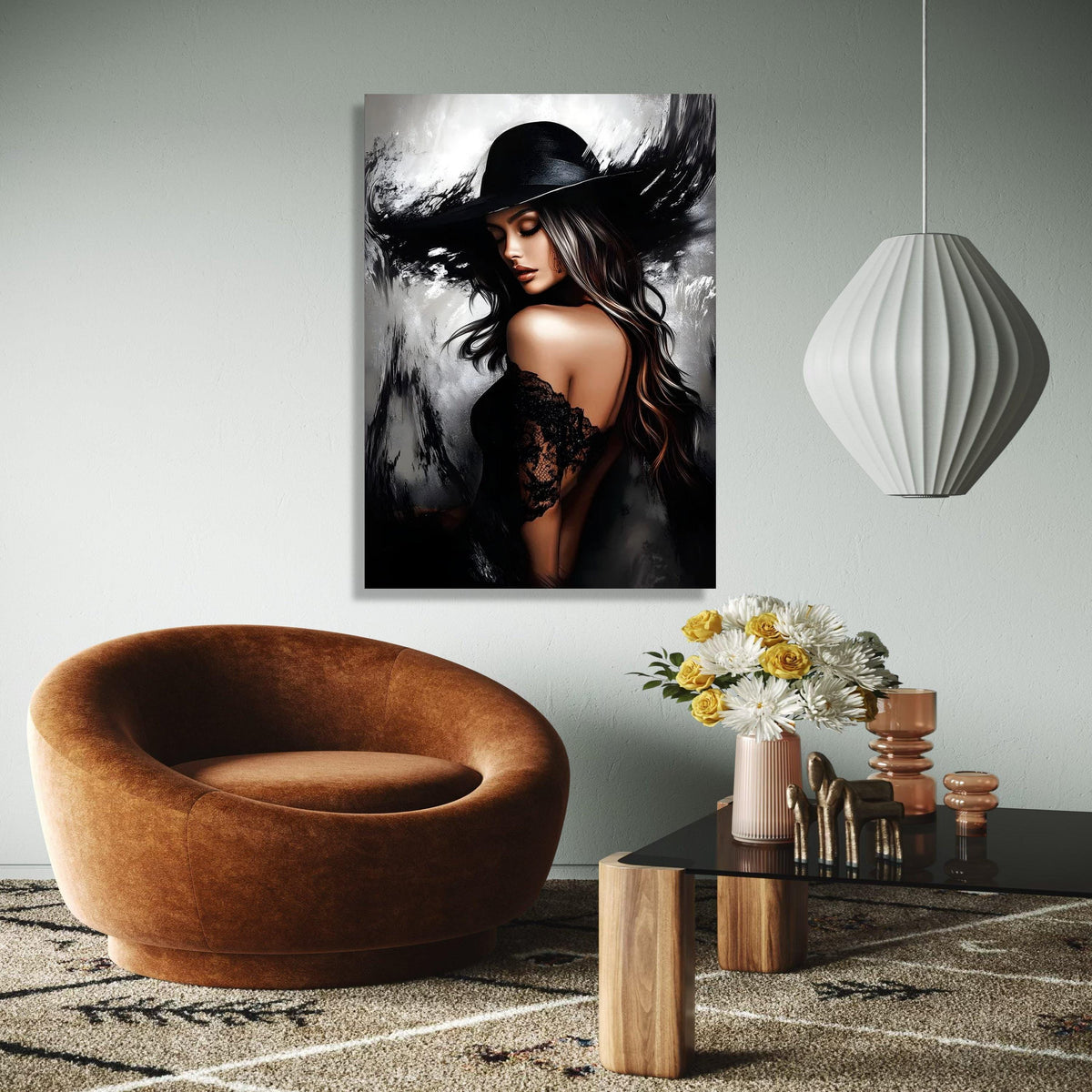 Elegant Woman in Black Hat Canvas, Glamour Portrait Wall Art, Stylish Female Figure, Fashion Home Decor, Modern Gift Art, Home Decor, Print
