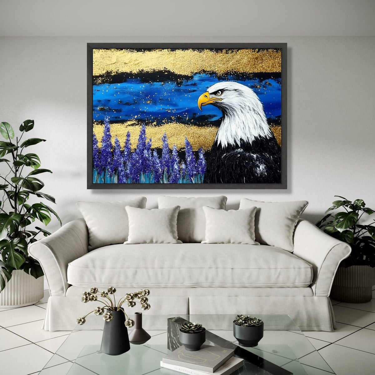 Majestic Bald Eagle Canvas Wall Art, Wildlife Painting, Blue and Gold Abstract Background, Nature Decor, Ready Gift Art, Home Decor, Print